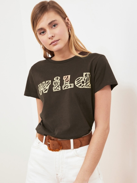 

Trendyol Women Olive Brown Beige Printed Round Neck Cotton T-shirt