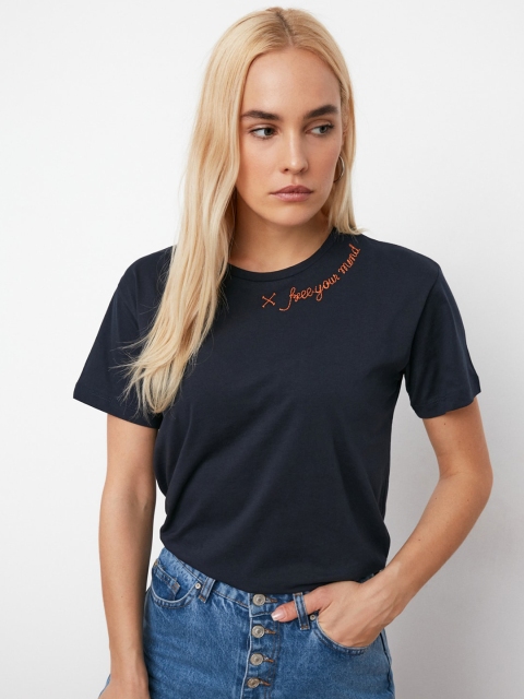 

Trendyol Women Navy Blue Solid Round Neck Cotton T-shirt