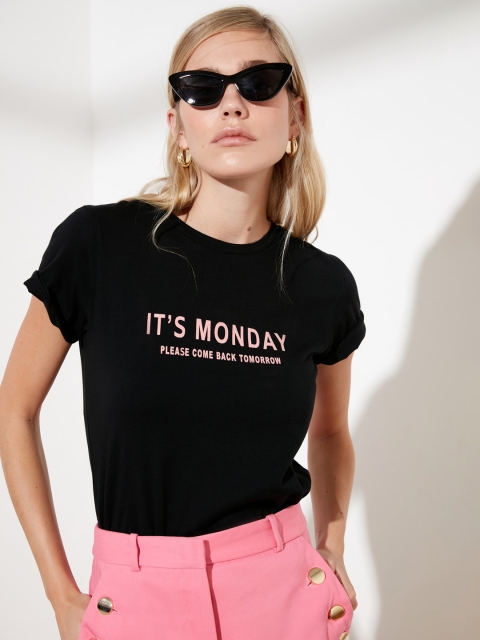 

TRENDYOL COLLECTION Women Black & Pink Typography Printed Round Neck Cotton T-shirt