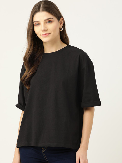 

Trendyol Women Black Solid Round Neck Pure Cotton T-shirt