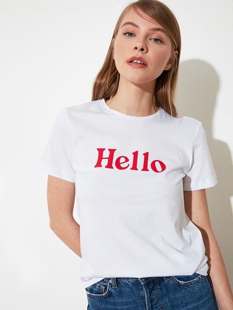 

TRENDYOL COLLECTION Women White & Red Printed Pure Cotton Round Neck T-shirt