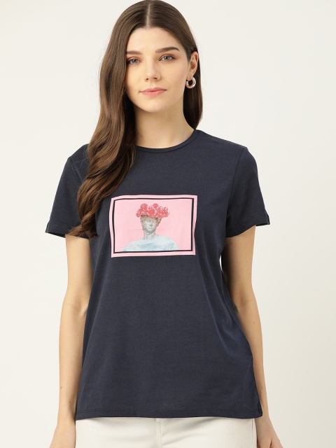 

Trendyol Women Navy Blue Pink Printed Round Neck Pure Cotton T-shirt