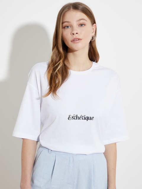 

Trendyol Women White Black Printed Pure Cotton Round Neck T-shirt