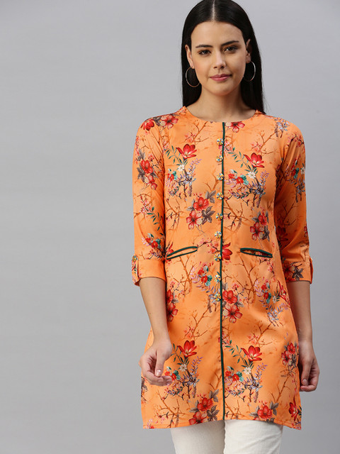 

flaher Women's Oeange Floral Printed Tunic, Orange