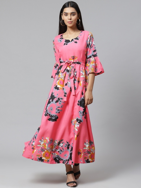 

Poshak Hub Women Pink & Black Printed Maxi Dress with Gathered Detail