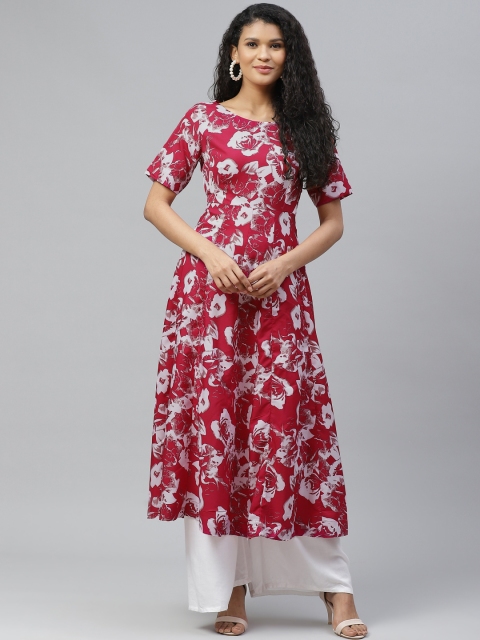 

Poshak Hub Women Pink & White Floral Print Panelled Crepe Kurta