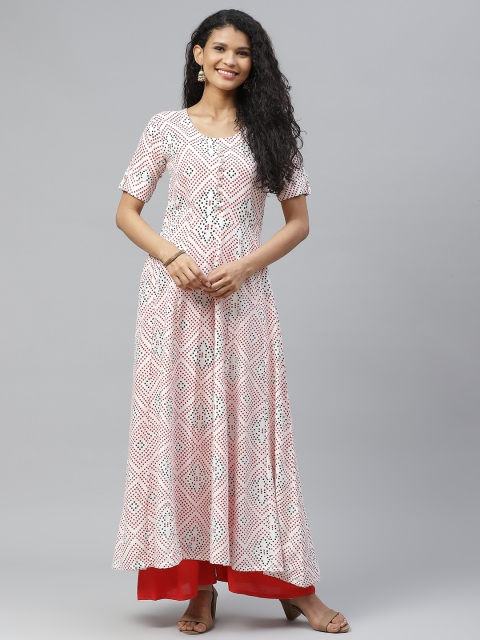 

Poshak Hub Women Off-White & Red Block Print Panelled Anarkali Kurta