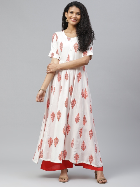 

Poshak Hub Women White & Orange Ethnic Motifs Block Printed Kurta