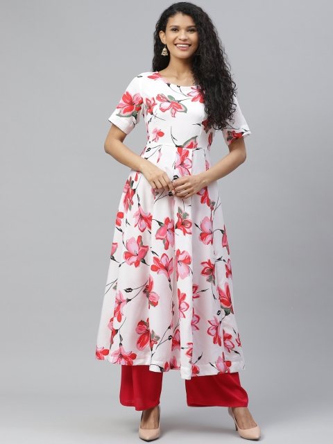 

Poshak Hub Women White & Pink Floral Printed Floral Crepe Anarkali Kurta