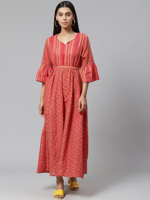 

Poshak Hub Women Coral Red & Yellow Pure Cotton Printed Maxi Dress