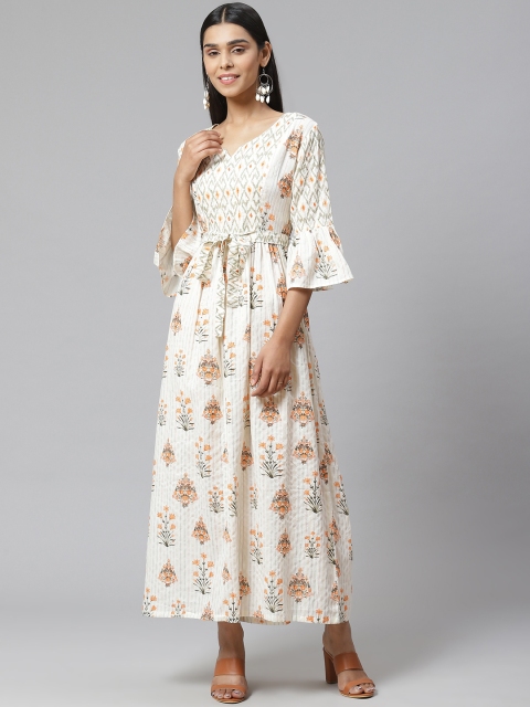 

Poshak Hub Women Off-White & Orange Pure Cotton Printed Maxi Dress