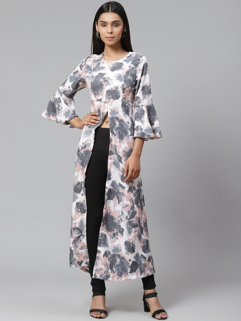 

Poshak Hub Women White & Grey Printed High-Slit Maxi Tunic