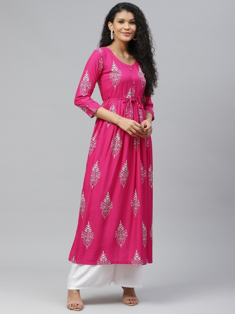 

Poshak Hub Women Pink & White Ethnic Motifs Block Printed Kurta
