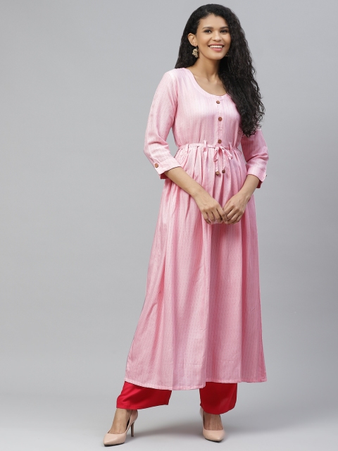 

Poshak Hub Women Pink Pin Striped Pleated A-Line Kurta with Belt