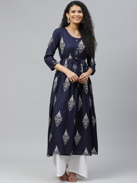 

Poshak Hub Women Navy Blue & White Ethnic Motifs Print Pleated A-Line Kurta with Belt