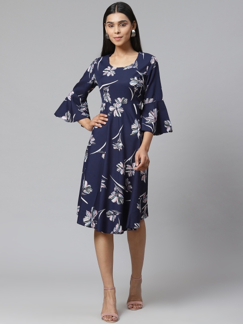 

Poshak Hub Women Navy Blue & White Floral Printed Fit & Flare Dress