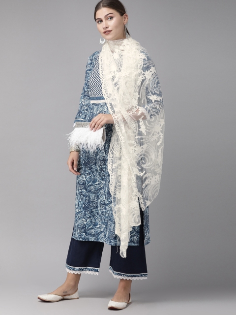 

Indo Era Women Blue & White Printed Kurta with Palazzos & Dupatta