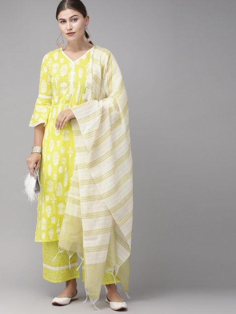 

Indo Era Women Yellow & White Printed Kurta with Palazzos & Dupatta