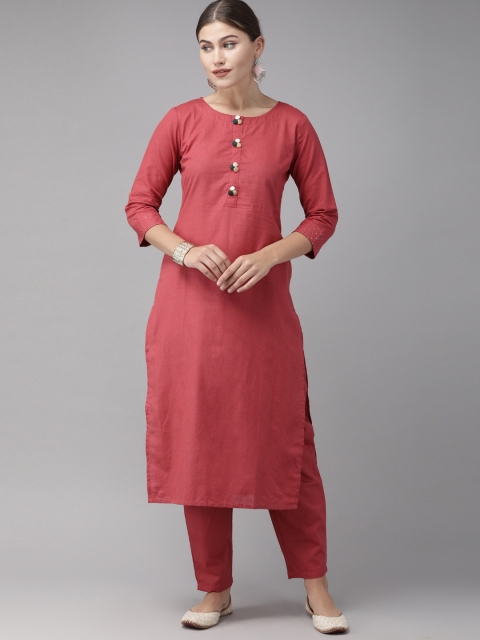 

Indo Era Women Red Solid Kurta with Trousers