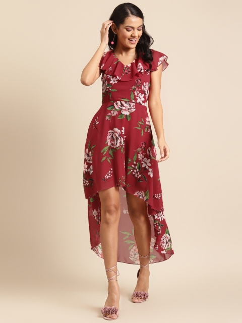 

DODO & MOA Women Red & White Floral Printed A-Line Dress With Flutter Sleeves