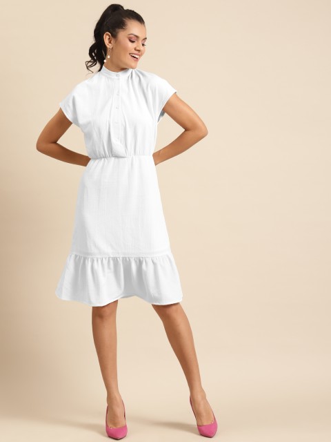 

DODO & MOA Women White Solid Stand Collar A-Line Dress