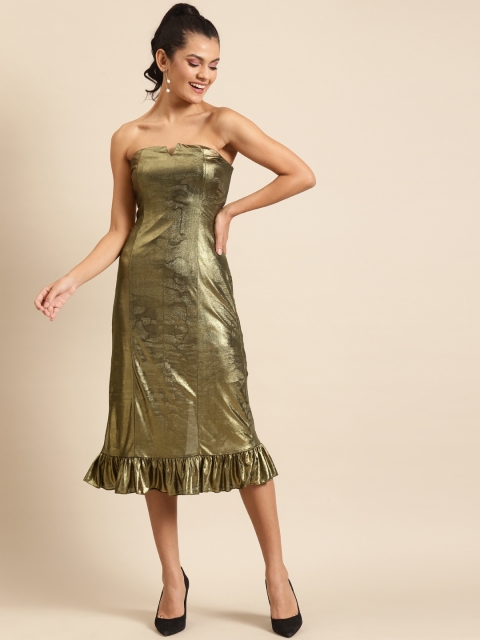 

DODO & MOA Women Golden Solid Sheen Shimmer Off-Shoulder A-Line Dress, Gold