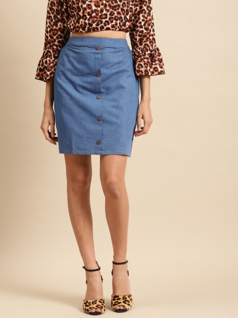 

DODO & MOA Women Blue Solid Pure Cotton Chambray A-Line Skirt