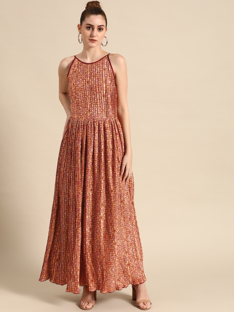 

DODO & MOA Women Maroon & Yellow Accordion Pleated Printed Maxi Dress
