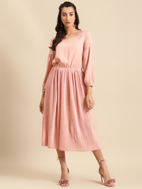 

DODO & MOA Women Pink Accodion Pleated Solid A-Line Dress