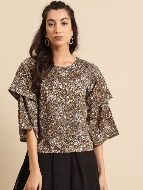 

DODO & MOA Beige & Black Animal Printed Flared Sleeves Regular Top
