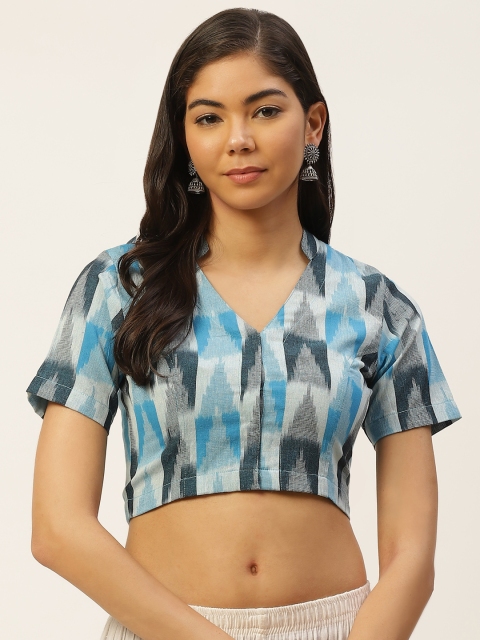 

Molcha Women Blue & White Pure Cotton Handcrafted Ikat Woven Design Blouse