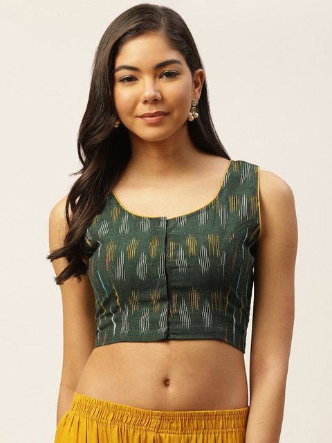 

Molcha Women Green & Mustard Yellow Pure Cotton Handcrafted Ikat Woven Design Blouse