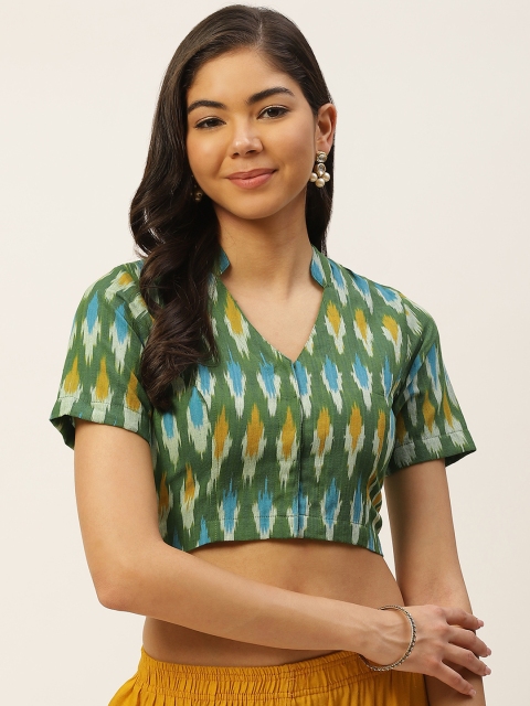 

Molcha Women Green & Off- White Pure Cotton Handcrafted Ikat Woven Design Blouse