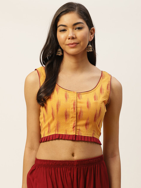 

Molcha Women Mustard Yellow & Maroon Pure Cotton Handcrafted Ikat Woven Design Blouse
