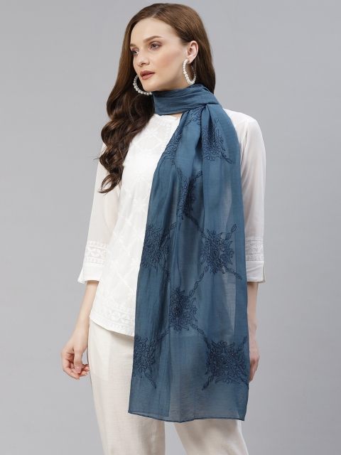

akheri Women Blue Ethnic Motifs Chikankari Mukaish Work Stole