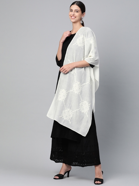 

akheri Women Off White Chikankari Ethnic Motifs Stole