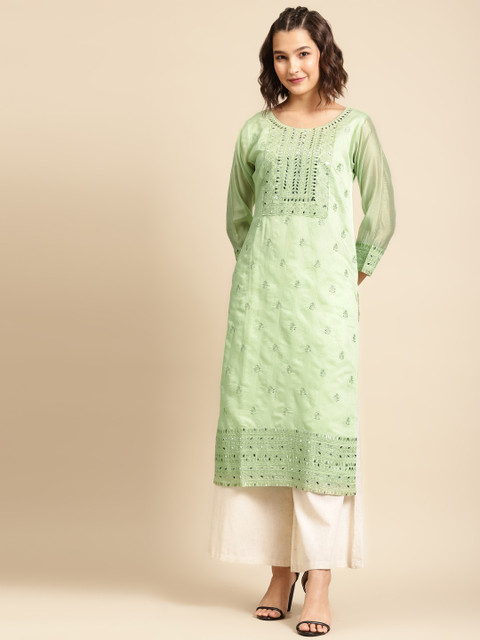 

FASHOR Women Green Embroidered Mirrorwork Straight Kurta
