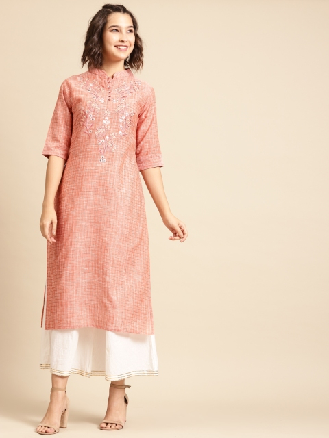 

FASHOR Women Peach-Coloured Checked Mirrorwork Straight Kurta