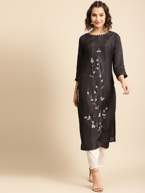 

FASHOR Women Charcoal Grey Floral Embellished Floral Straight Kurta