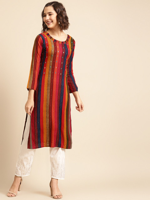 

FASHOR Women Orange & Navy Blue Striped Straight Kurta
