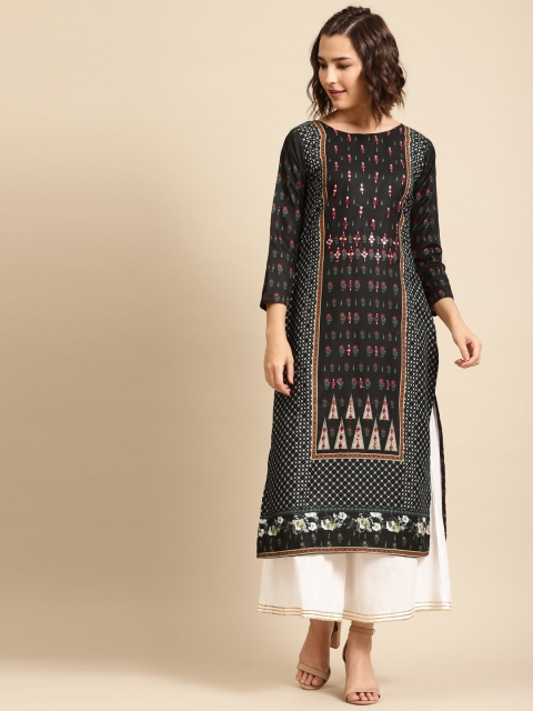 

FASHOR Women Black & Green Printed Straight Kurta