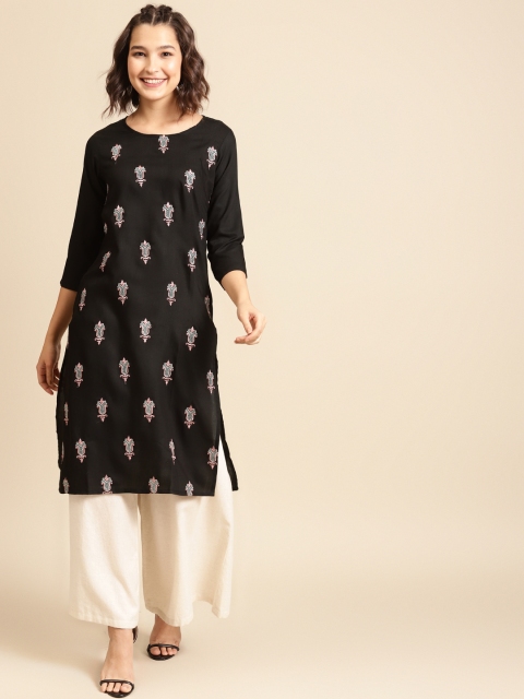 

FASHOR Women Black & Pink Ethnic Motifs Embroidered Thread Work Kurta