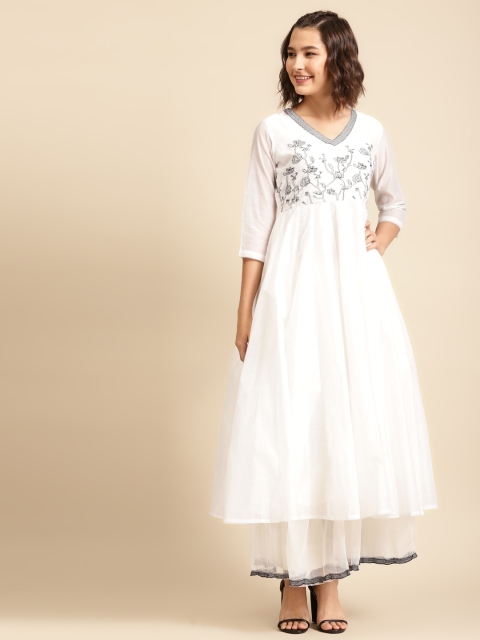 

FASHOR Women White Embroidered Detail Layered Maxi Dress