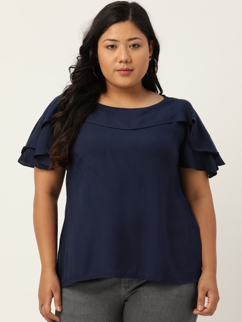 

Revolution Women Navy Blue Solid Flutter Sleeves Top