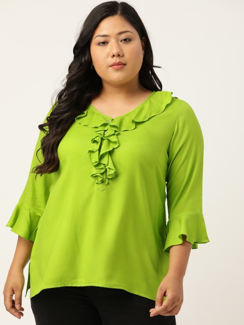 

Revolution Women Green Solid Bell Sleeves Top With Ruffle Detailing