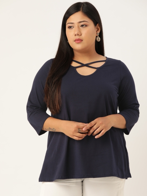 

Revolution Plus Size Navy Blue Pure Cotton Lace-Up Neck Top