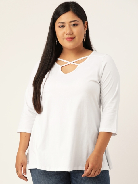 

Revolution Plus Size White Pure Cotton Lace-Up Neck Top