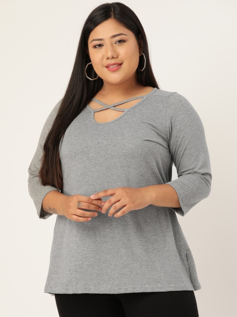 

Revolution Plus Size Grey Melange Pure Cotton Lace-Up Neck Top