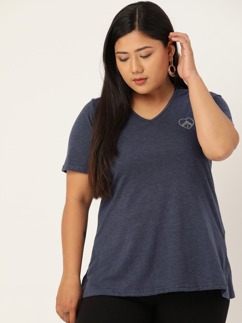 

Revolution Women Plus Size Navy Blue Pure Cotton Solid V-Neck Pure Cotton T-shirt