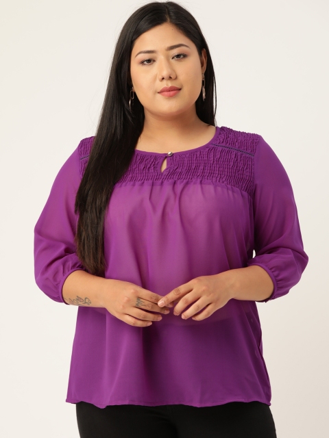 

Revolution Plus Size Purple Keyhole Neck Smocked Sheer Regular Top